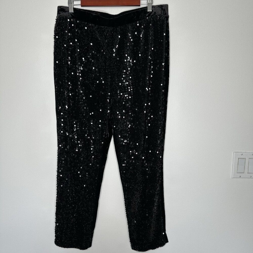 Chicos Pull on Pants Black Velvet Sequin Size 14‎